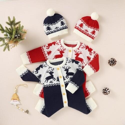FOCUSNORM 2pcs Xmas Infant Baby Girls Boys Sweater Romper Hats 0-18M Deer Printed Single Breasted Long Sleeve Knit Jumpsuits