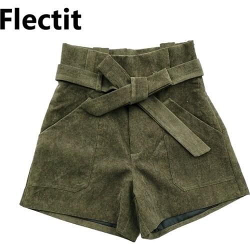 Flectit Women Corduroy Shorts with Belt Front Pocket Paperbag High Waisted Shorts Ladies Outfits