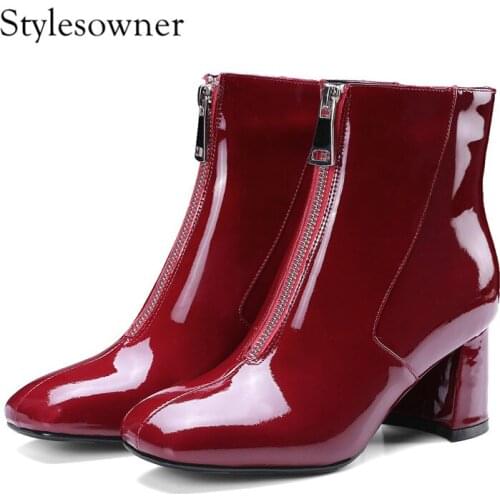 Stylesowner High Quality Fashion Brand England Style Cow Patent Leather Ankle Boots Thick Heels Comfort Winter Woman Boots