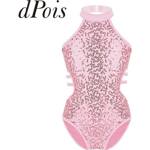 Kids Girls Gymnastics Leotards Sparkly Sequins Dancewear Sleeveless Cutouts Back Strappy On Waist Child Ballet Dance Jumpsuit