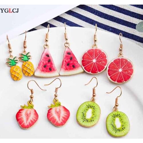 Korea New Cute Fruit Lady Earrings Strawberry Pineapple Tomato Kiwi Orange Cucumber Dragon Apple Pineapple Girl Fruit Earrings