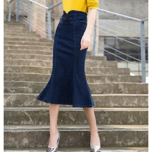 Women Denim skirt spring autumn Long section High waist Trumpet / Mermaid Denim skirt Women 1207
