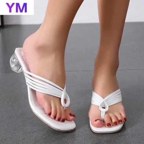 Hot Summer Women Square Toe Slippers Flip Flop Ladies Fashion High Heels Sandals PU Leather Womens Casual Shoe Female Footwear