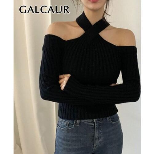 GALCAUR Slim Solid Knitting Sweater For Women Halter Collar Long Sleeve Cut Out Autumn Clothing Pullovers Female Clothing 2021