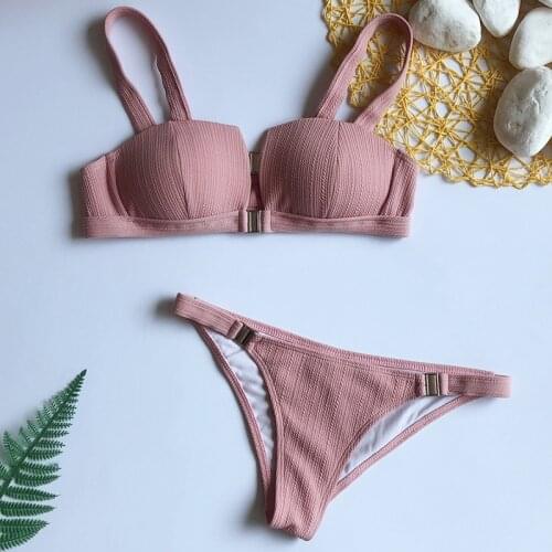 New Push Up Bikini Brazilian Buckle Swimsuit Female Ribbed Swimwear Women Two-pieces Bikini set with Bra Cup Bather Bathing Suit