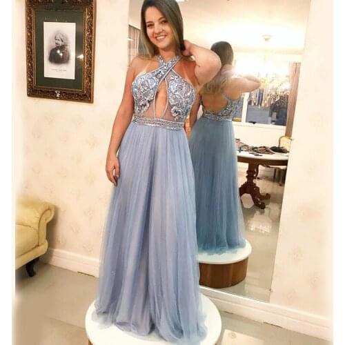 2020 Halter Sexy Arabic Formal Evening Party Dresses Backless Plus Size Lace Prom Gowns Tulle A Line Floor Length Vestidos De