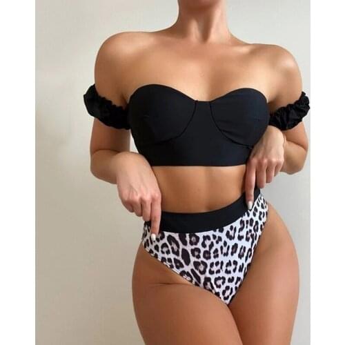 2020 Sexy Black Off Shoulder Bra cup Swimsuit High Waist Bikini Women Swimwear Leopard Bikini set Push up Bather Bathing Suit