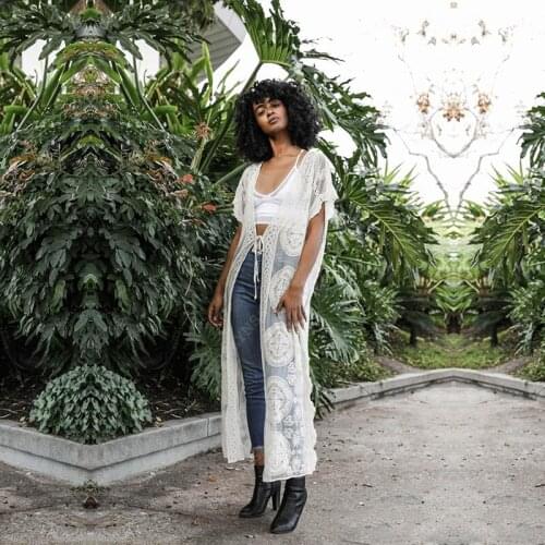 2021 Sexy See Through Dress Long Black Lace Tunic Plus Size Kimono Women Summer Beach Style Beach Wear Long Cardigan N1308