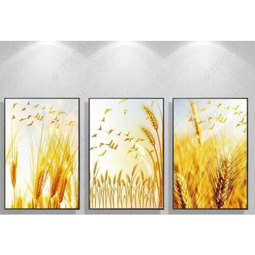 Golden Harvested Wheat Wall Art 3 Pieces Canvas Flying Butterfly Art Paintings Printed Paintings Home Decor For Living Room