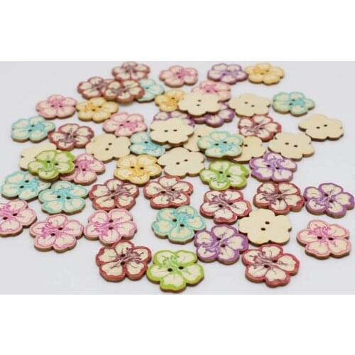 50pcs/lot mixed color Natural wooden buttons mix colorful Flower button for craft scrapbooking sewing accessories