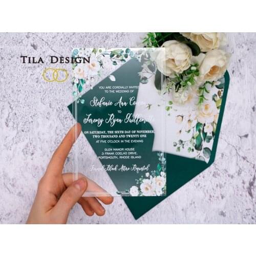 Acrylic Wedding Invitations Vintage Flowers Peach White Floral Roses Anniversary Birthday Transparent Plexiglass UV Printed Card