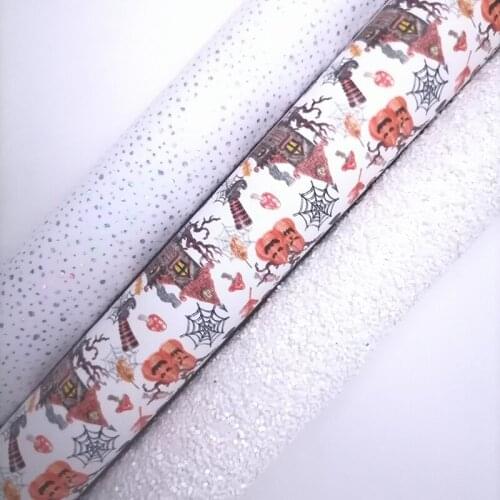 White Glitter leather, Pumpkins Printed Glitter Faux leather, Patent Glitter Faux Leather Sheets For Bows DIY 21x29CM KM722