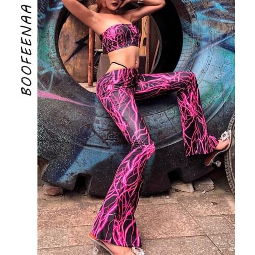 BOOFEENAA Street Fashion Neon Pink Printed Sexy 2 Piece Set Women Crop Top Flare Pants Matching Sets Sexy Club Outfits C70-AA84