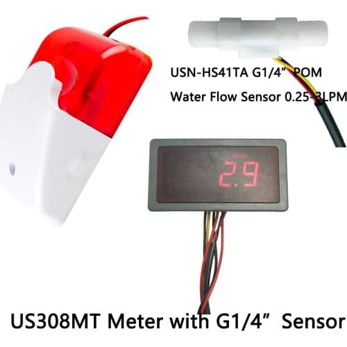 US308MT+USN-HS41TA 0.3-4.5L/min flow sensor Flow Meter and Alarmer Flow Rate Display 110dB with Light for Pump protection