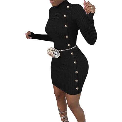 Spring Autumn Bodycon Dresses Long Sleeve Turtleneck Mini Dress Ladies Female Button Solid Color Elegant Bag Hip Dress 2021 D30