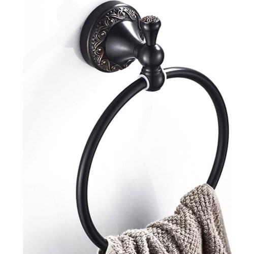 Anit-Rust Bathroom Towel holder, Solid Copper Wall-Mounted Round BLACK Towel Ring ,Classic Towel Rack with Flower Carved