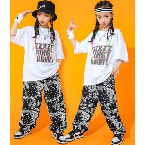 Children Street Hip Hop Dance Costumes Loose White T-Shirt Black Hip Hop Pants Girls Jazz Dancewear Performance Clothes BL6276