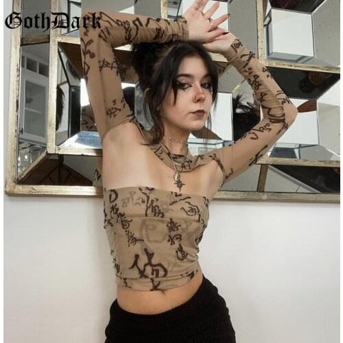 Goth Dark Mesh Gothic Sexy Tube Tops With Cropped T-shirts Vintage Brown 90s Streetwear Co-ord Sets Punk Y2k Fall Skinny 2pc Set