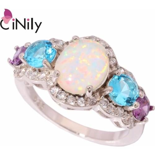 CiNily White Fire Opal Rpund Stone Rings Silver Plated Blue Purple CZ Large Full Crystal Filled Ring Party Jewelry Women Girls