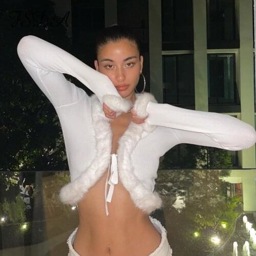 FSDA V Neck Bandage Long Sleeve Crop Top Women White Casual 90s Knitted Sexy T Shirts Y2k Summer 2021 Fashion