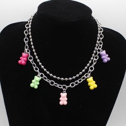 Mini Resin Candy Color Bear Necklace Female Zinc Alloy Short Chain Pendant DIY Jewelry Gift