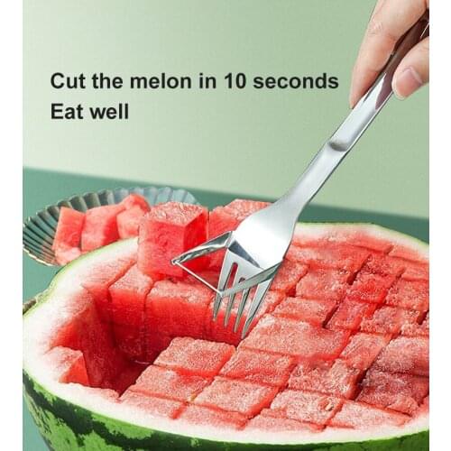 Stainless Steel Multifunctional Fruit Fork Watermelon Cutting Artifact Watermelon Cubes Cutter Knife Watermelon Spoon Kitchen