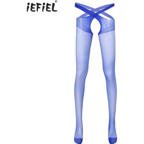 Mens Sexy Lingerie Stockings See-through Thin Pantyhose Stretchy Hollow Out Open Crotch Tights Sissy Exotic Stockings Underwear