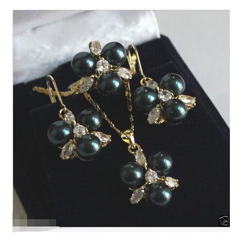 Hot sell new - Fashion 8mm Black South Sea Shell Pearl GP Crystal Earring Pendant Ring Set ^^^@^Noble style Natural Fine jewe