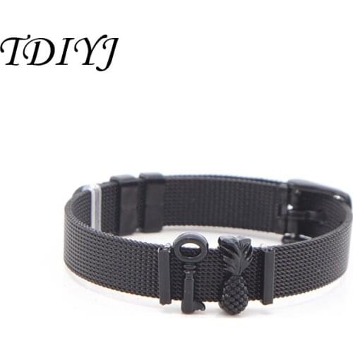 TDIYJ Newest Fashion Stainless Steel Black Key Pineapple Charms Mesh Bracelet Keeper for Women Summer Gift 1 Set