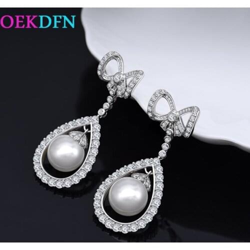 OEKDFN Luxury 100% 925 Sterling Silver Drop Earrings For Women Bowknot Pearl Gemstone Dangle Earrings Party Wedding Fine Jewelry