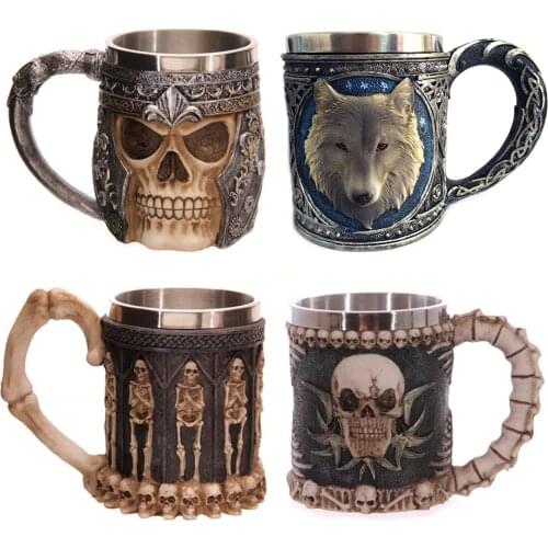 Personalized Skull Mug Double Wall Stainless Steel Knight Tankard Dragon Wofl Beer Coffee Cup Caneca Viking