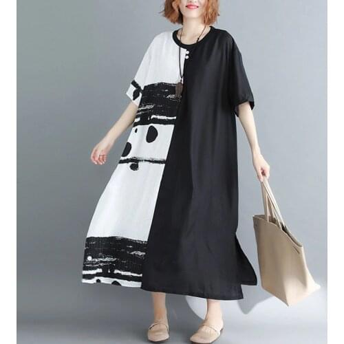 Women Chinese Style Dress Short Sleeve Vintage Large Size Black With White Linen Dresses Casual Loose Summer Dress 4XL 5XL 2019
