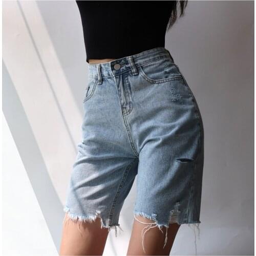 High Waist Hole Tassels Slim Cyclist Denim Shorts Jeans Summer Straight Women Denim Shorts Zipper