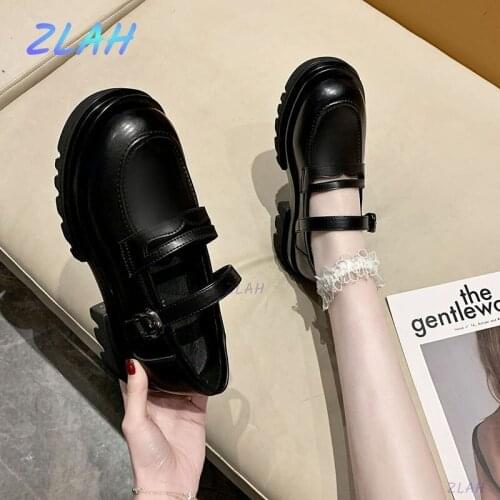 Ladies Platform Shoes Zlah Square Heel Round Toe Wear Shallow Mouth Fashion Buckle Lolita Ladies Leather Shoes Women Pumps