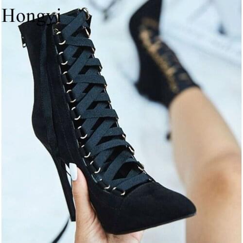 Hongyi Brand Luxury Pointed Toe High Heel Short Boots Woman Thin High Heels Season Botas Women Lace Up Ankle Boots