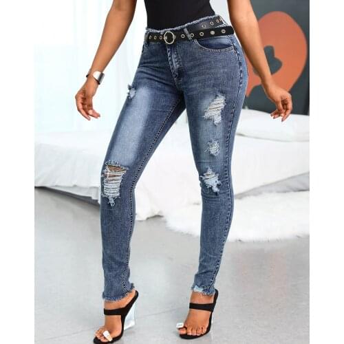 Spring Autumn Solid Womens Jeans Midi Waist Fringe Hem Skinny Denim Pants Femme Vintage Distressed Lady Sexy Trousers 2021 New