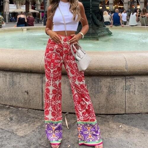 MESTTRAF Women 2021 Fashion Patchwork Floral Print Straight-Leg Pants Vintage High Elastic Waist Female Ankle Trousers