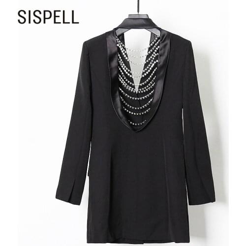 SISPELL Patchwork Diamond Chain Blazer Coats For Female Lapel Collar Long Sleeve Open Back Cut Out Womens Casual Coat New