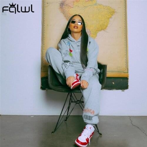 FQLWL Graffiti Loose 2 Two Piece Set Women For Outfits Streetwear Oversized Hoodies Sweatsuit Pants Joggers Ladies Matching Set