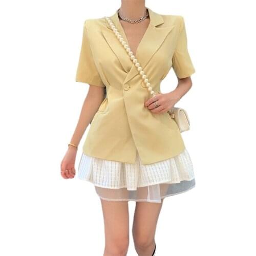 Women Fashion 2 Piece Sets Outfits Short Sleeve Retro Slim Blazer+Puffy Ball Gown Mini Skirt French Two Piece Matching Suits