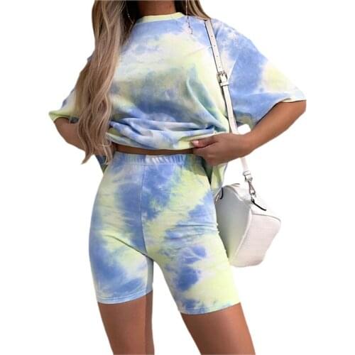 Women Summer 2 Pieces Clothes Set Tie-Dye Print Round Neck Short Sleeve T-Shirt+Short Pants Ladies Casual Clothes Set
