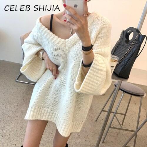 SHIJIA Woman Sweaters V-neck New Autumn Winter White Solid Loose Jumper Knitted Pullover Female 2021 Korean Chic Tops Fall