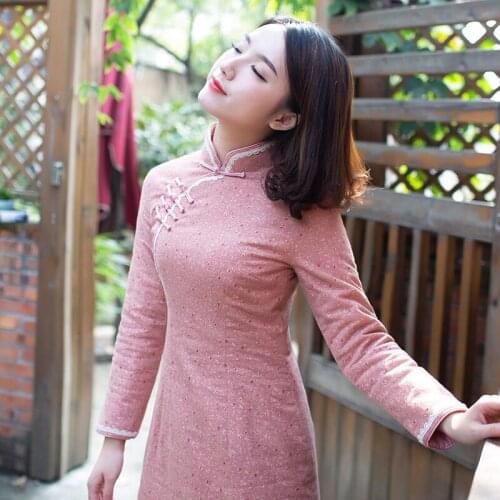 Womens Winter cotton cheongsam cotton thickened warm long sleeve young girls Chinese traditional casual Manual sewing style