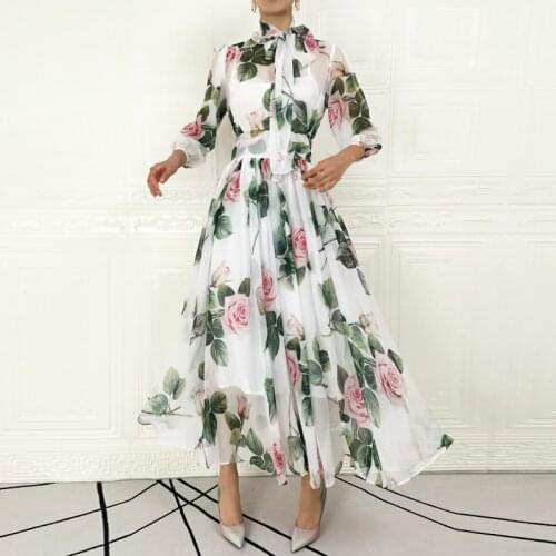 High-Quality Designer WomenS Fashion Party Casual Beach Vintage Elegant Rose Flower Print Streamer White Chiffon Long Dress