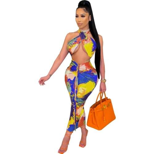 S-XXL Womens Sexy Cross Straps Strapless Floral Printed Two-Piece Dress Skirt