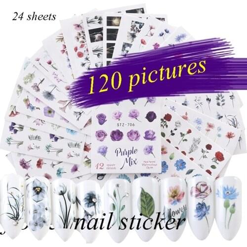 24sheets/120 Popular Pictures Watercolor Floral Flower Nail Sticker Nail Decals Set Designs Gel Manicure Decor Water Slider