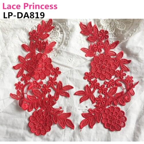 5 mirror pair LP-DA819 DIY red polyester embroider lace patches Venise Lace flowers Lace Applique Garment accessories 255*125mm