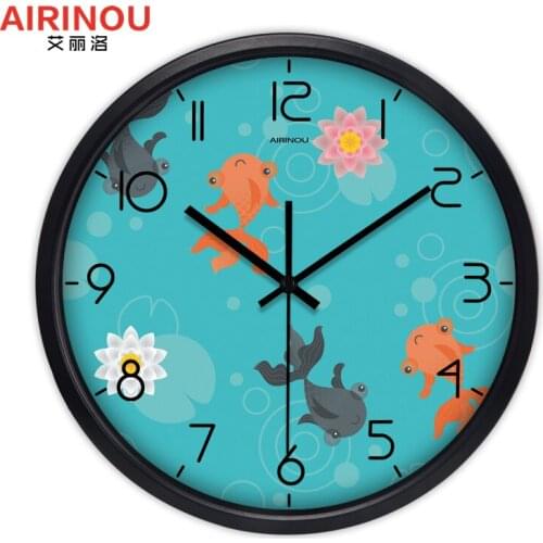 Airinou New Cartoon Gold Fish In The Lotus Pond Design Quartz Wall Clock Glass Silent Living Room Home Decor Clock