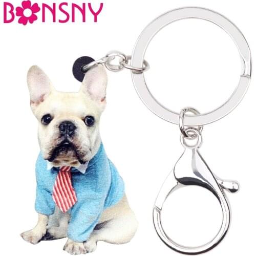 Bonsny Acrylic Sitting Suits French Bulldog Pug Dog Key Chains Keychain Rings Animal Jewelry For Women Girls Handbag Charms Pets