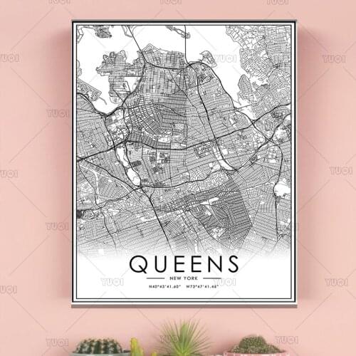Black and White World City Map QUEENS Wall Art Canvas Poster Prints Nordic Style Paintings Picture for Living Room